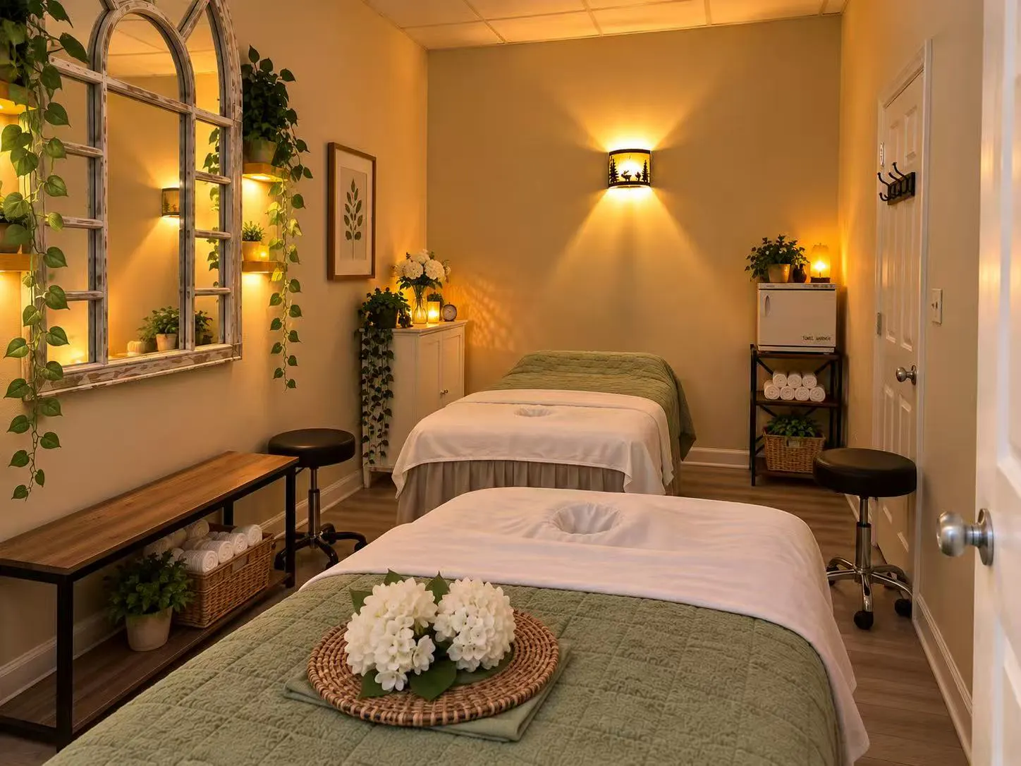 Two massage tables with sage-green covers side by side, an arched mirror and trailing plants