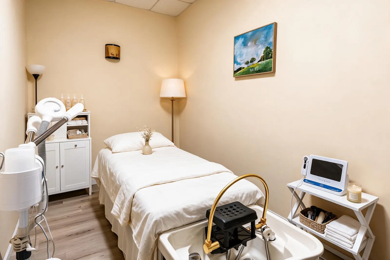 Treatment room with a white-sheeted table, a facial steamer and a head spa basin with a gold faucet