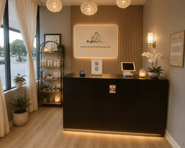 Front desk under a backlit Health & Healing sign, beside a shelf of candles and bottles