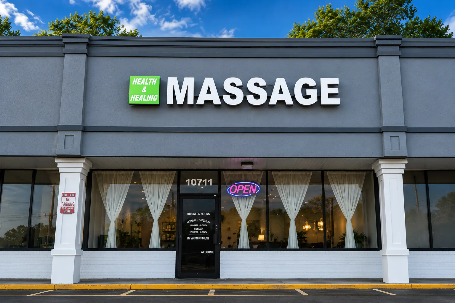 Gray storefront with a green Health & Healing sign, MASSAGE in white letters and 10711 over the door